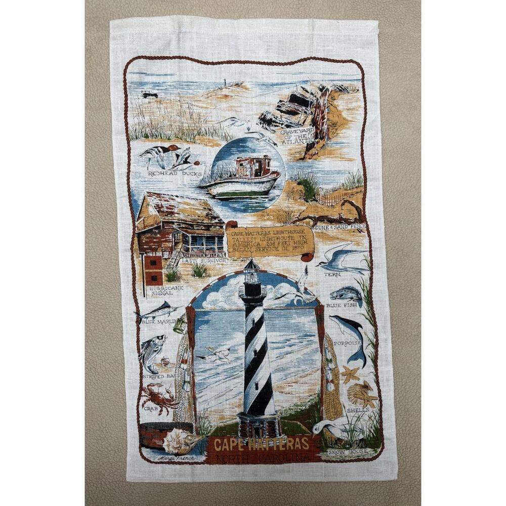 Vintage Linen Tea Towel Cape Hatteras Lighthouse Carolina Fish Crab Shells Boat